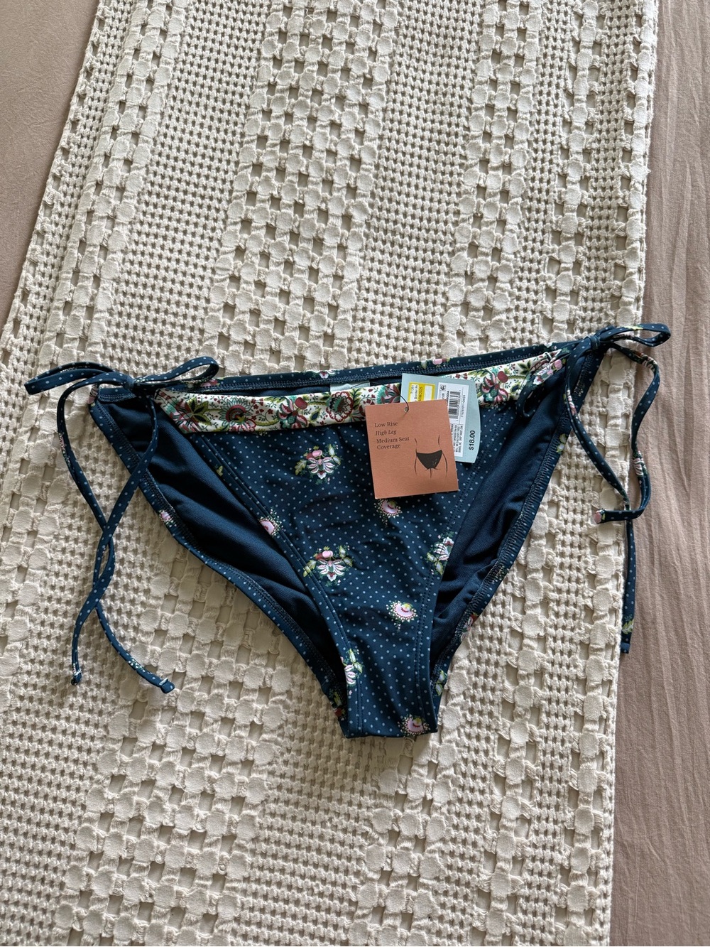 NEW Shade & Shore Navy Blue Floral Tie-Side Bikini Bottom Size L